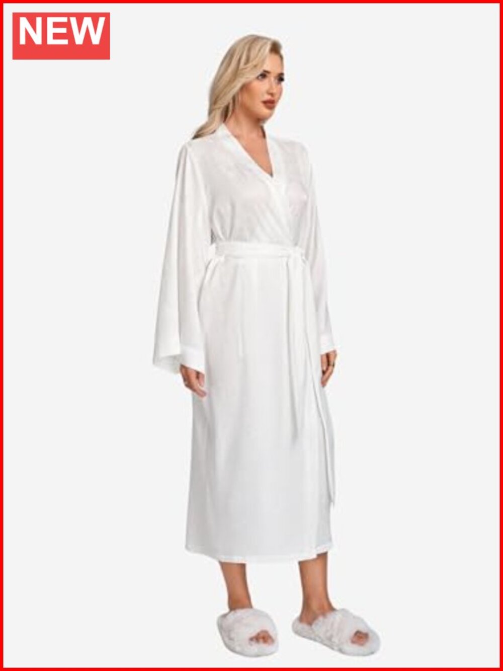 Satin Floral Jacquard Long Robe with Belt Bell Sleeves Ankle Length Bridal